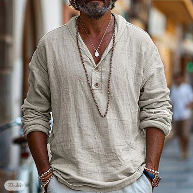 Long Sleeve Linen Blend V-Neck Men Shirt