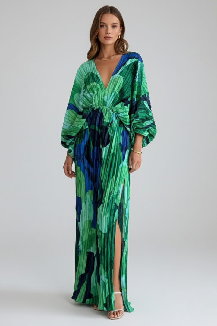 Pleated Maxi Dress With V-Neck Long Sleeves and Side Slit