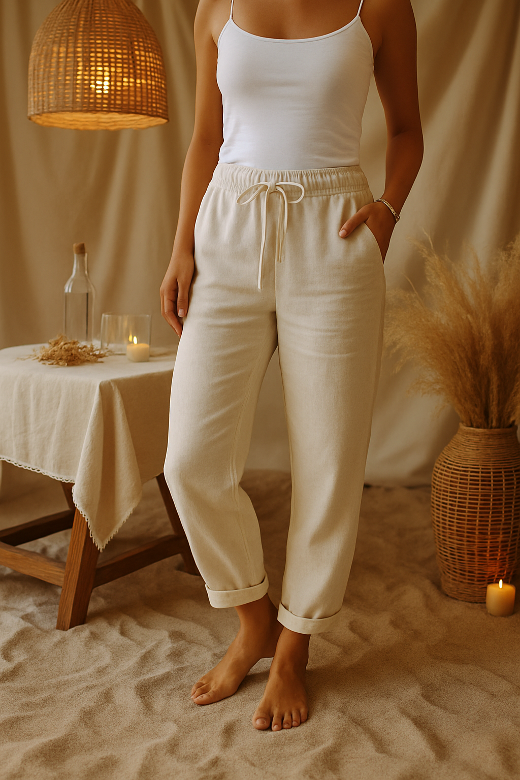 Cotton Linen Pants for Women - Elastic Waist Comfortable Casual Trousers