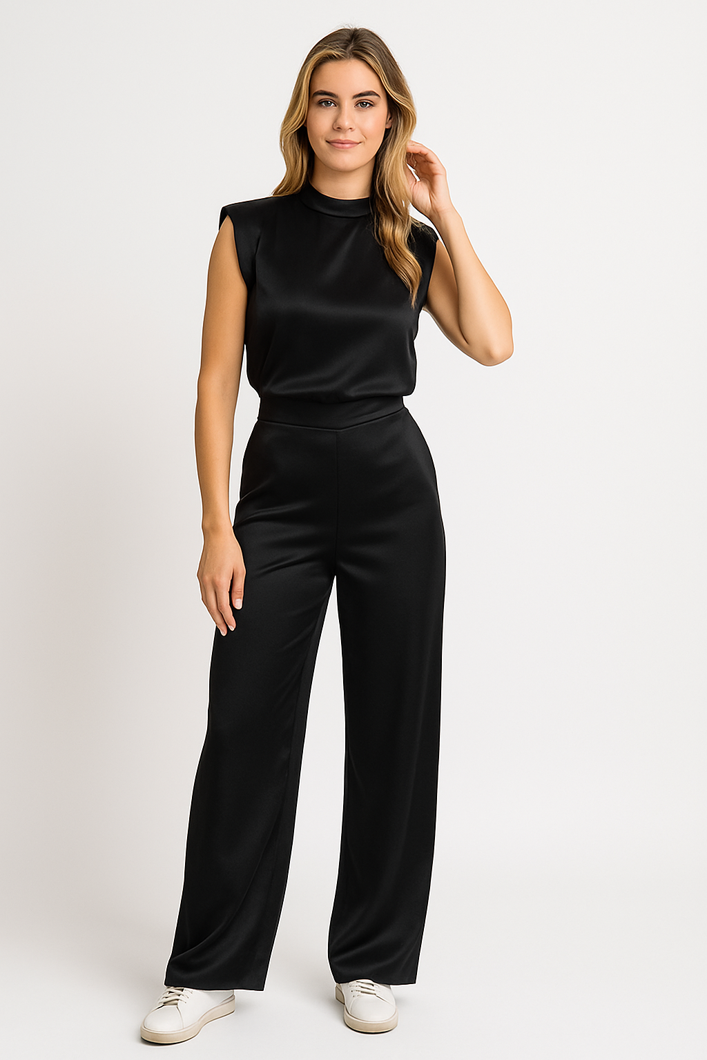 Satin Jumpsuit for Women - Sleeveless Open Back Wide Leg Party Jumpsuit