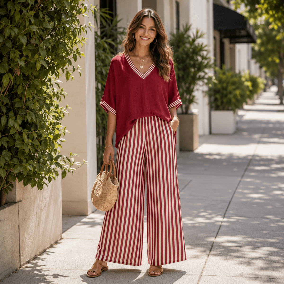 Striped Wide-Leg Trouser and V-Neck Top Co-ord