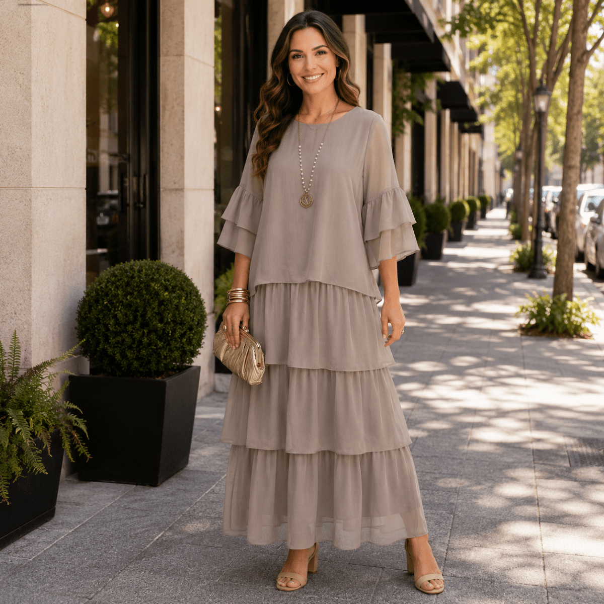 Flowy Tiered Maxi Dress with Wide Sleeves