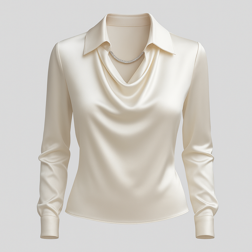 Satin Blouse for Women - Waterfall Neckline Long Sleeve Elegant Top