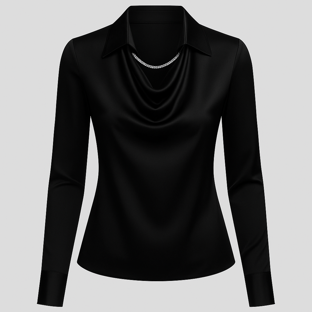 Satin Blouse for Women - Waterfall Neckline Long Sleeve Elegant Top