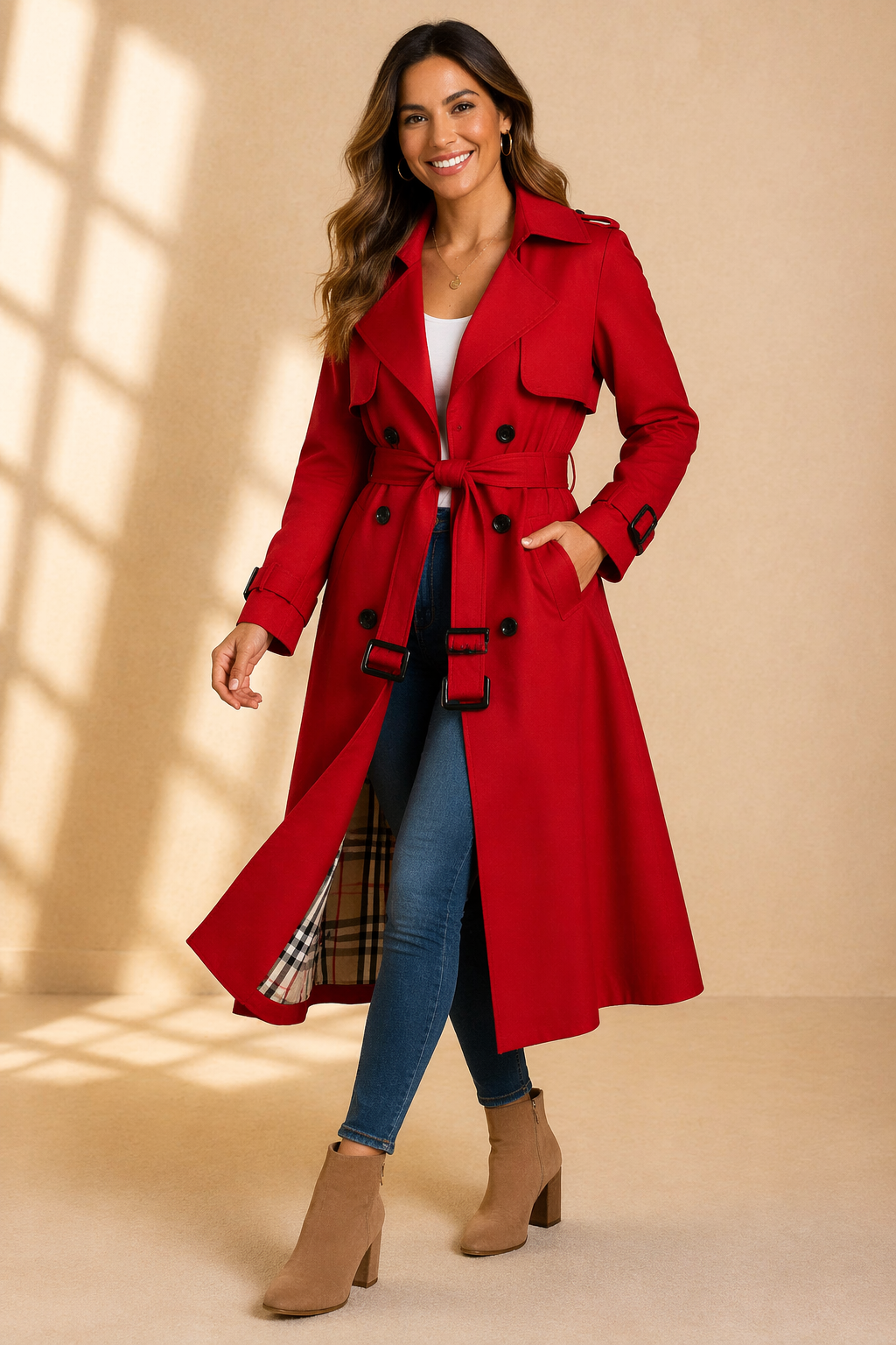 Celoura | Classic Double-Breasted Belted Trench Coat