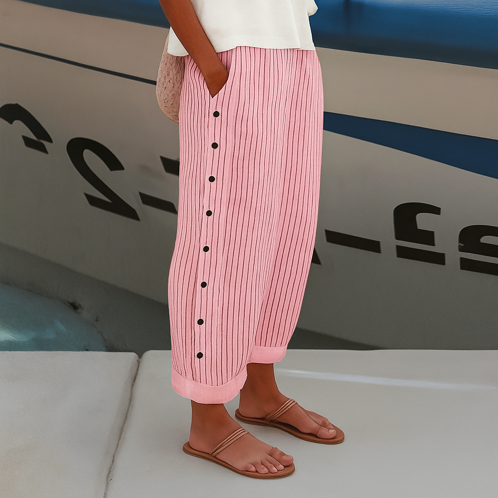 Stripe Panel Cropped Trousers With Button Side Detail