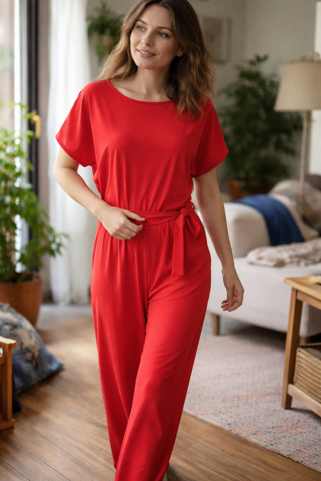 Women's Wide-Leg Jumpsuit With Tie Belt