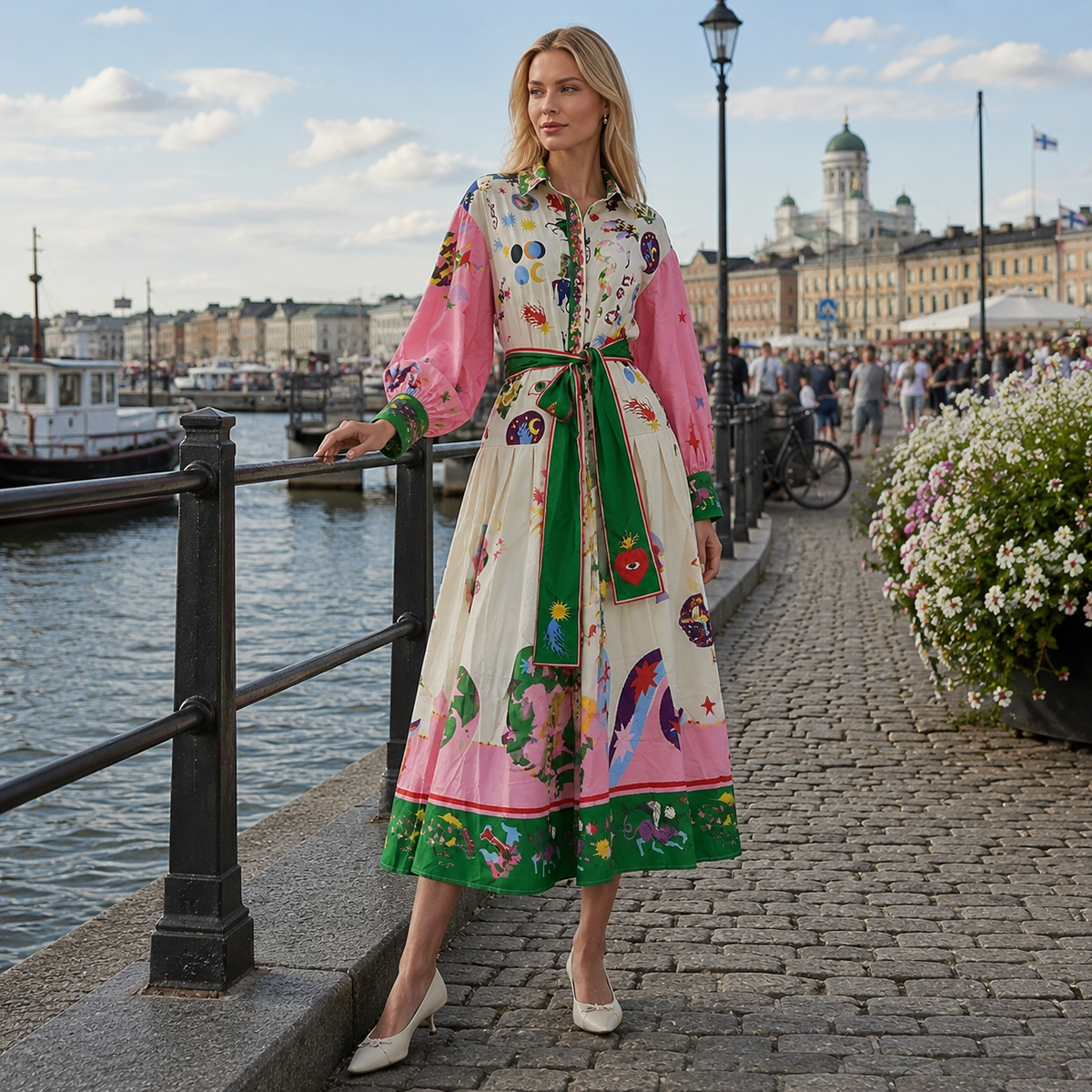 Vintage Print Ankle Length Midi Dress