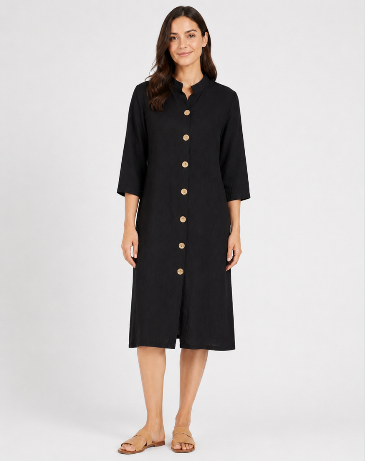 Button Front Linen Midi Shirt Dress