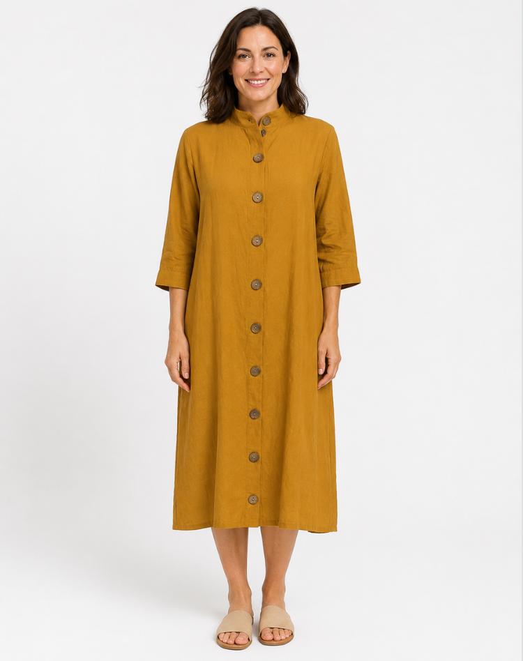 Button Front Linen Midi Shirt Dress