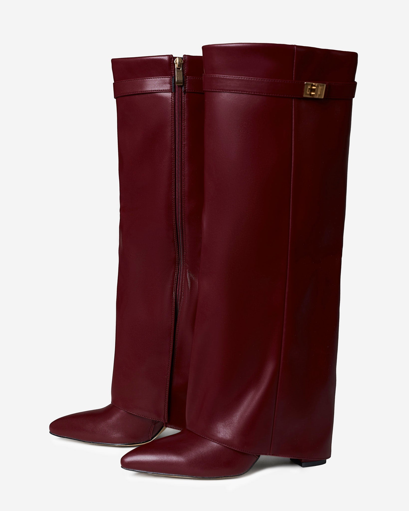 Burgundy Leather Knee-High Boots with Buckle Detail