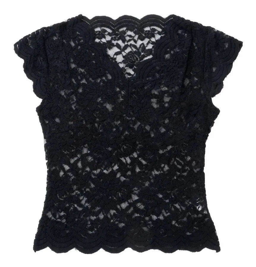 Fitted Lace V-Neck Short Sleeve Top