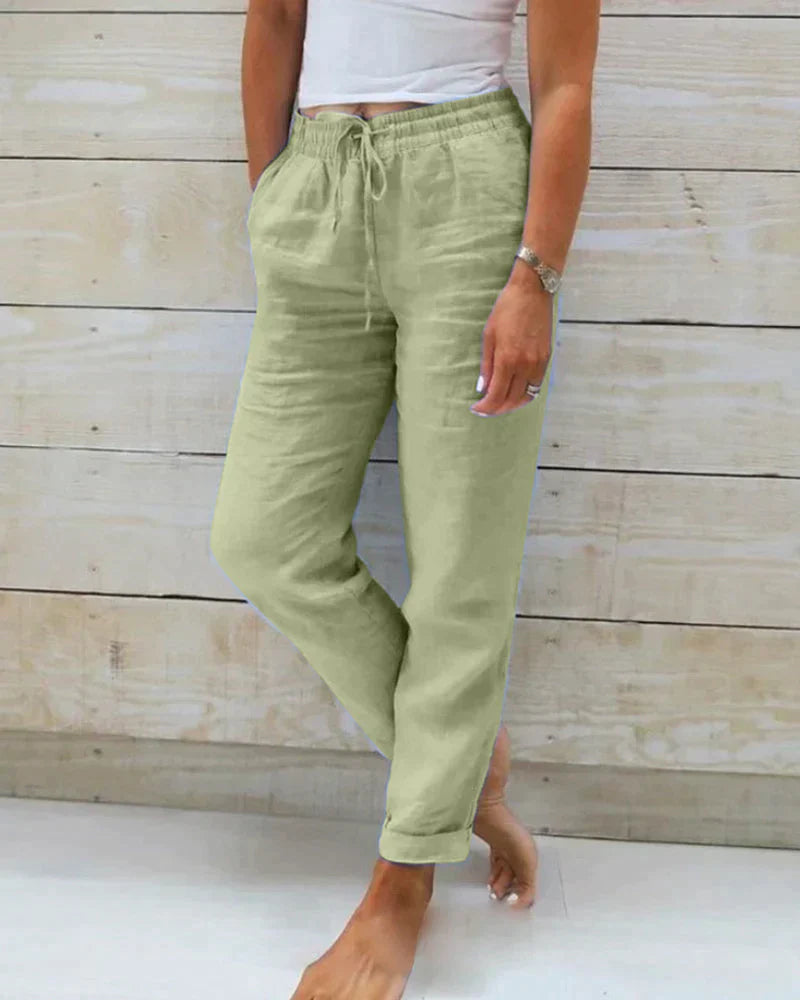 Women's Linen Blend Trousers with Elastic Waist