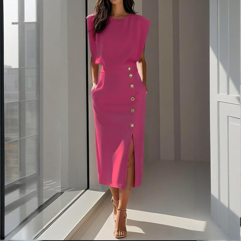 Structured Midi Dress With Button Detail and Split Hem