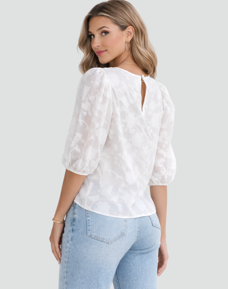 Floral Print V-Neck Puff Sleeve Blouse