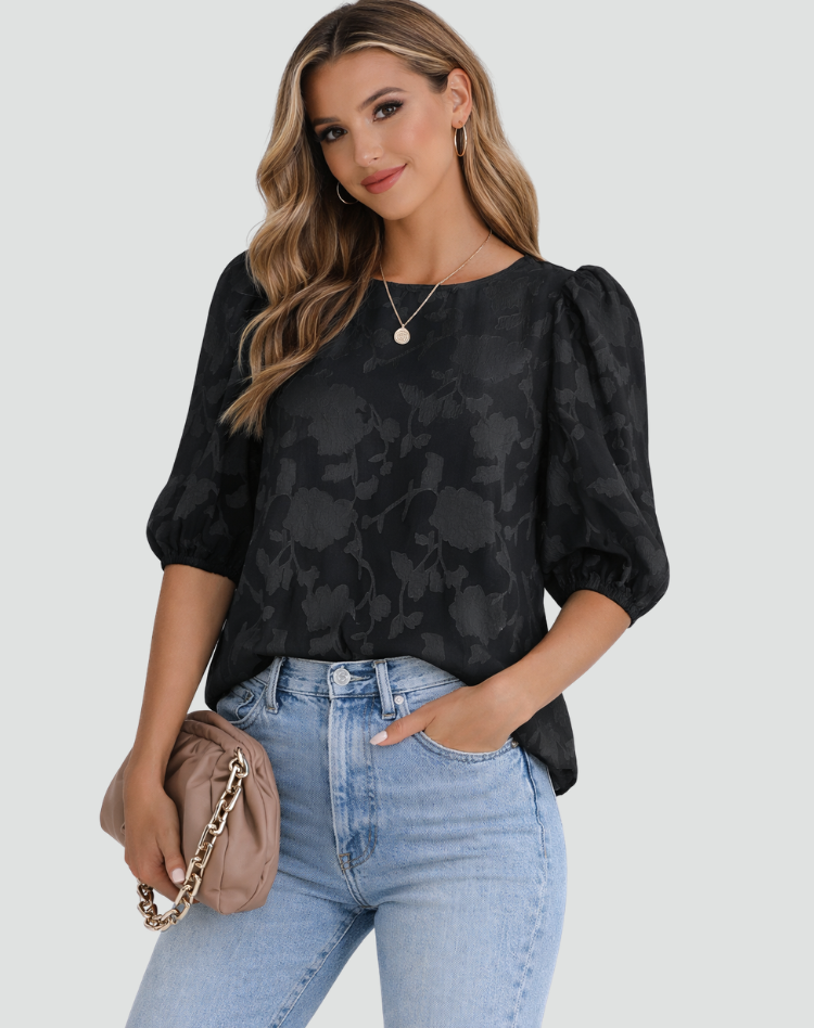 Floral Print V-Neck Puff Sleeve Blouse