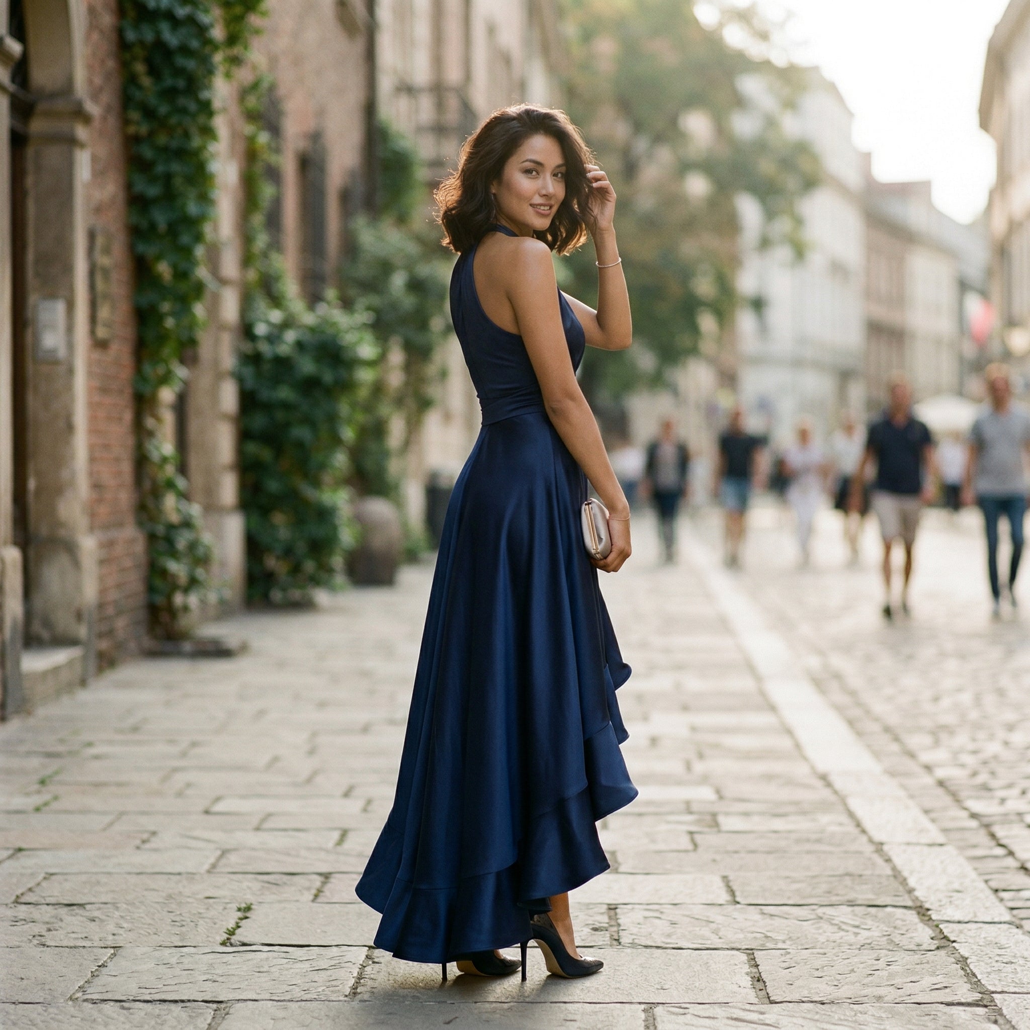 Satin Halter Ruffle Gown for Formal Events