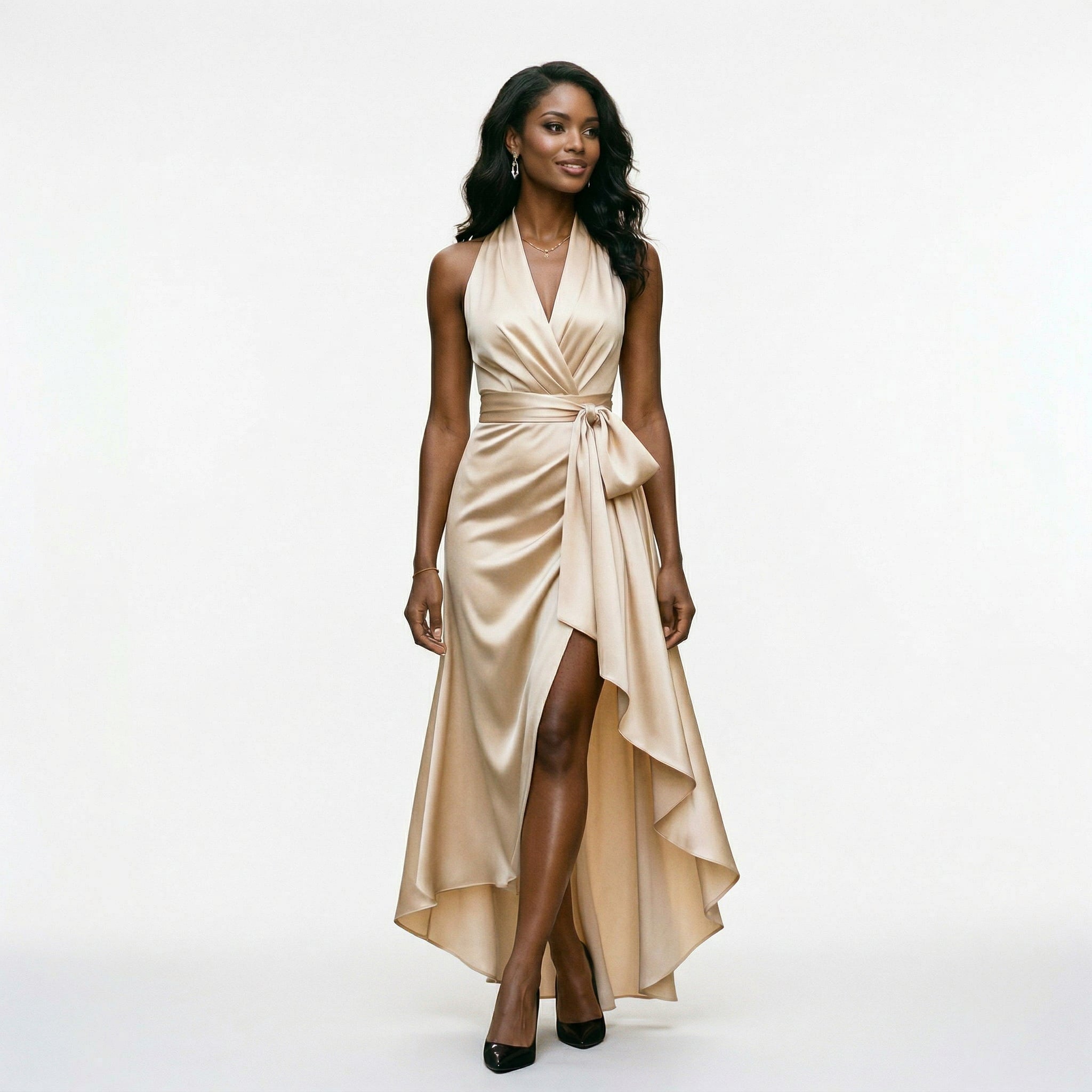 Satin Halter Ruffle Gown for Formal Events