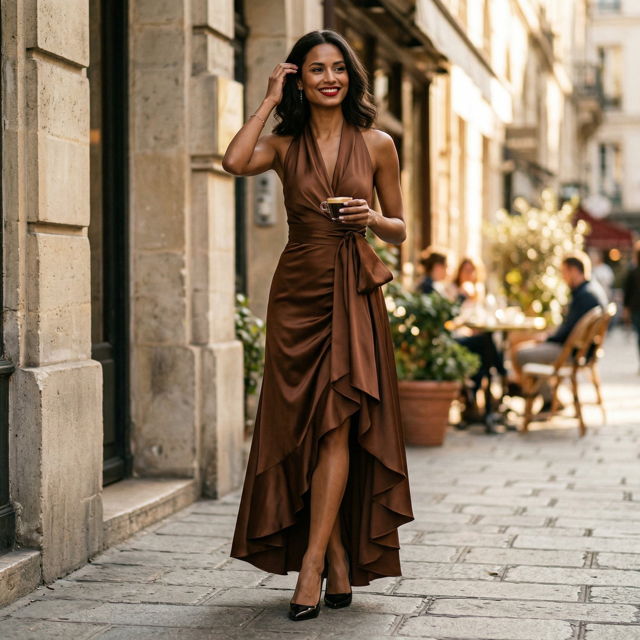 Satin Halter Ruffle Gown for Formal Events