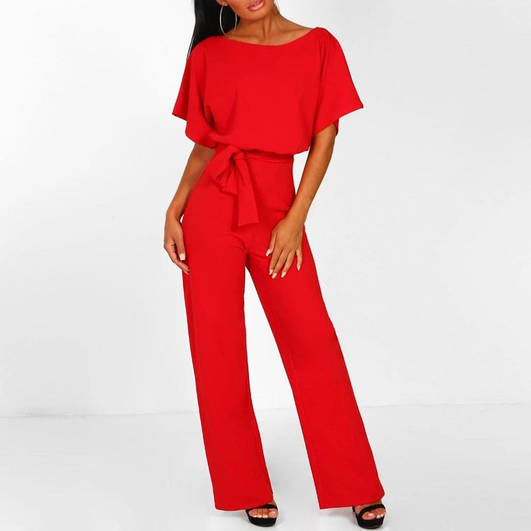 Wide Leg Belted Short Sleeve Jumpsuit