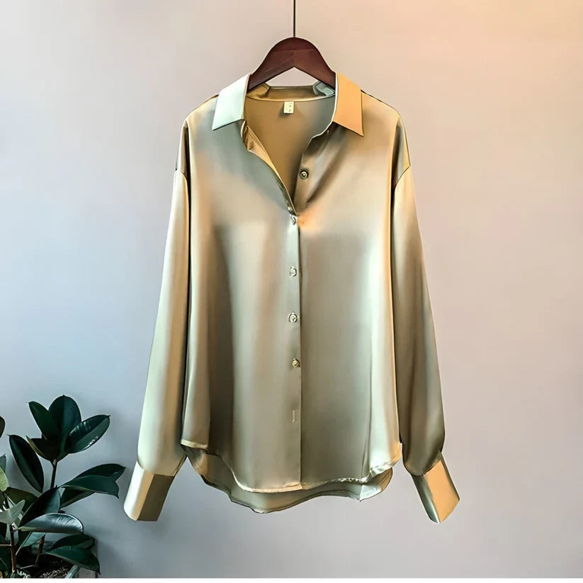 Silk Blouse for Women - White Long Sleeve Loose Elegant Office Top