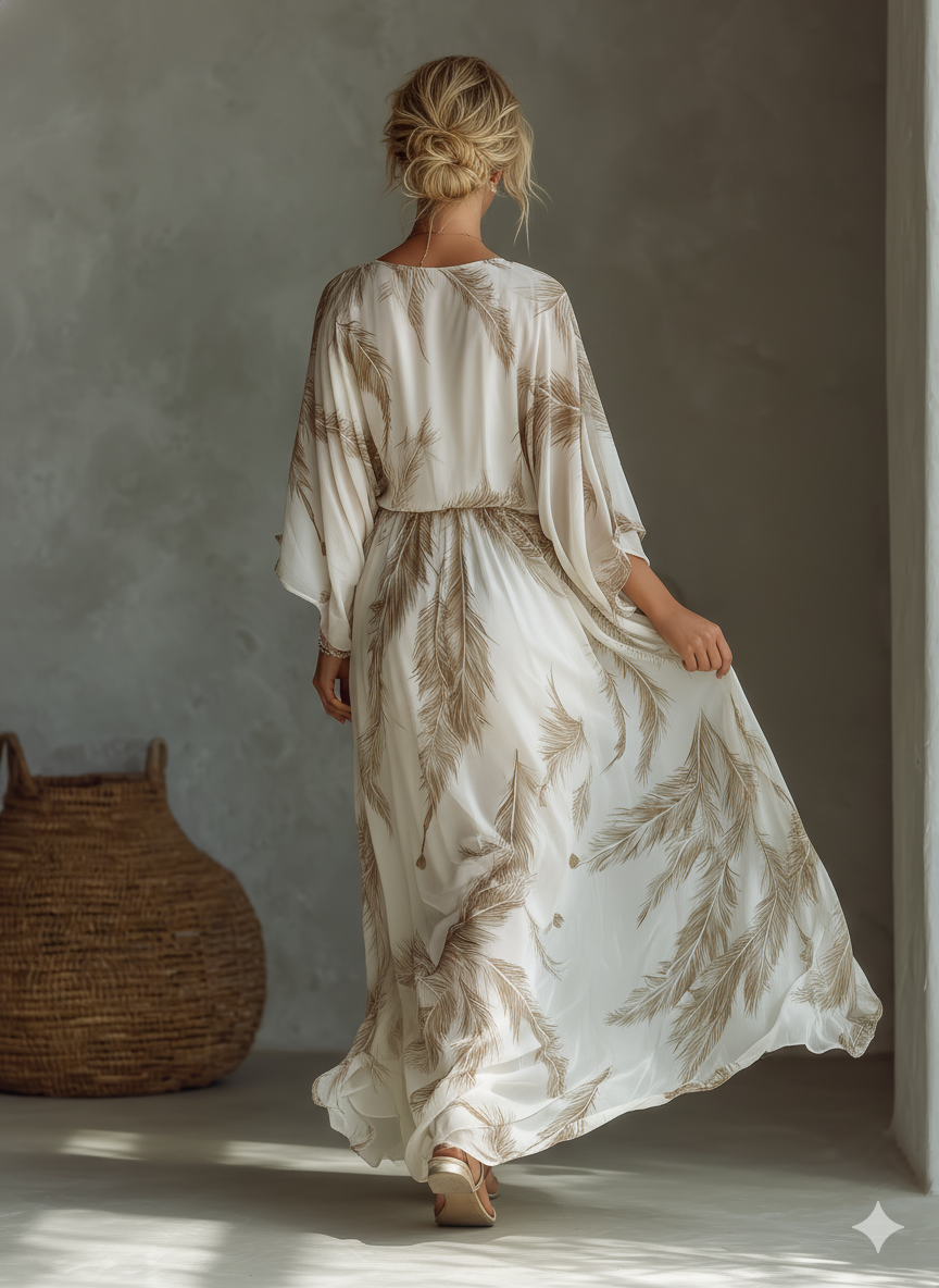 Dolman Sleeve Palm Leaf Print Twist-Front Maxi Dress