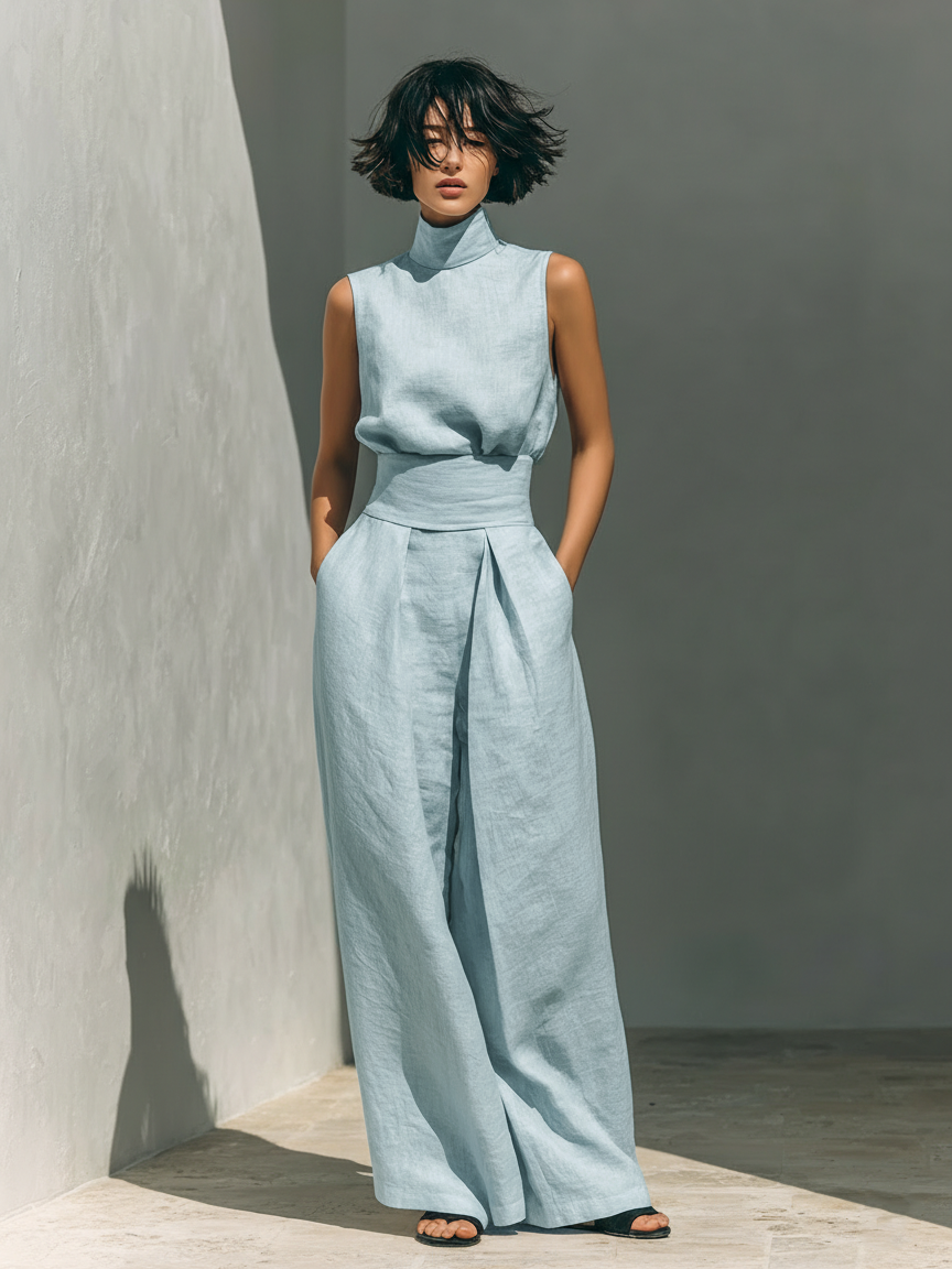 Sleeveless Blouse and Wide Leg Pants Set