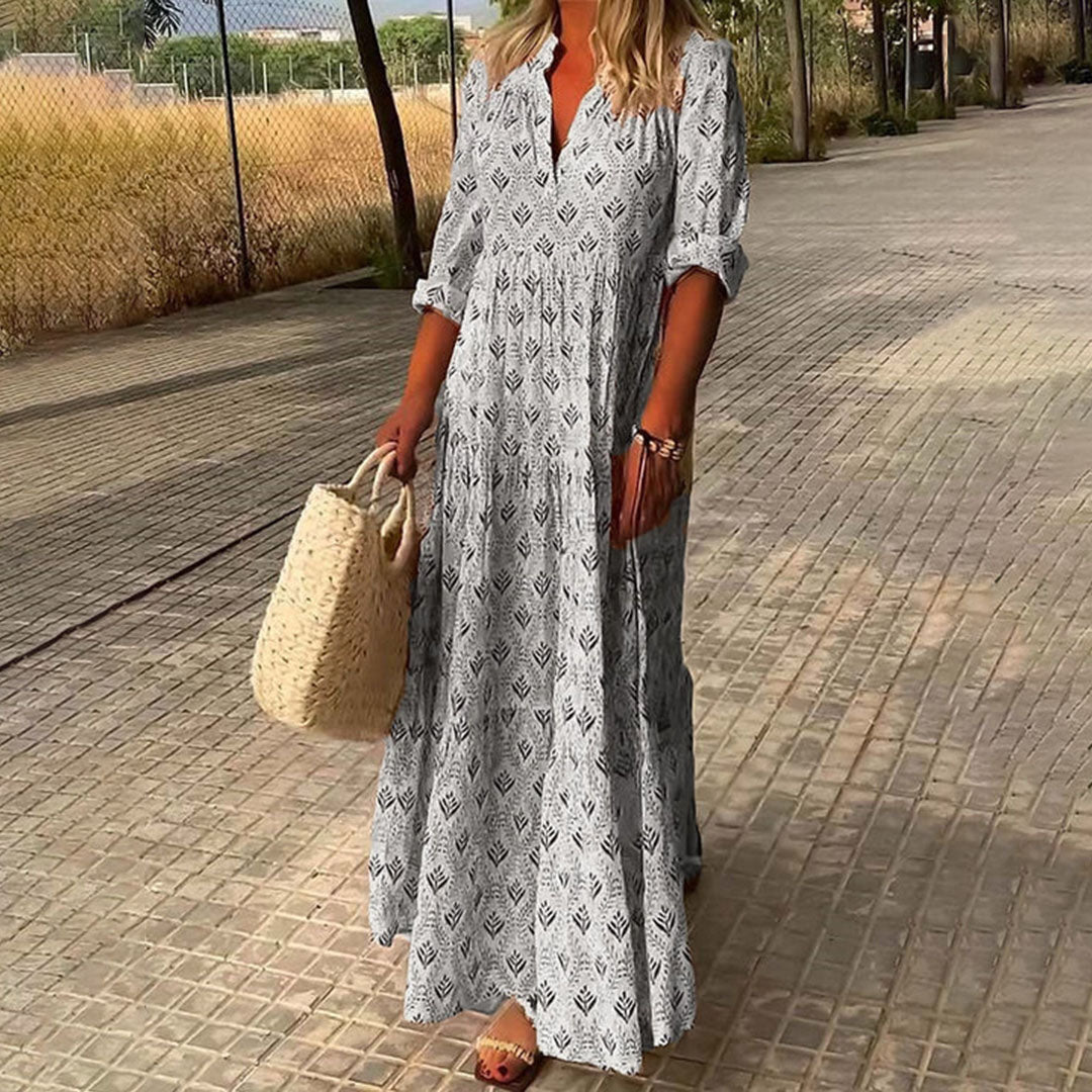 Boho Print V-Neck Maxi Dress With Roll-Up Sleeves