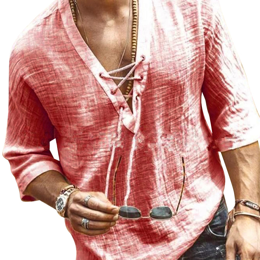 Men Open Collar Drawstring Summer Shirt