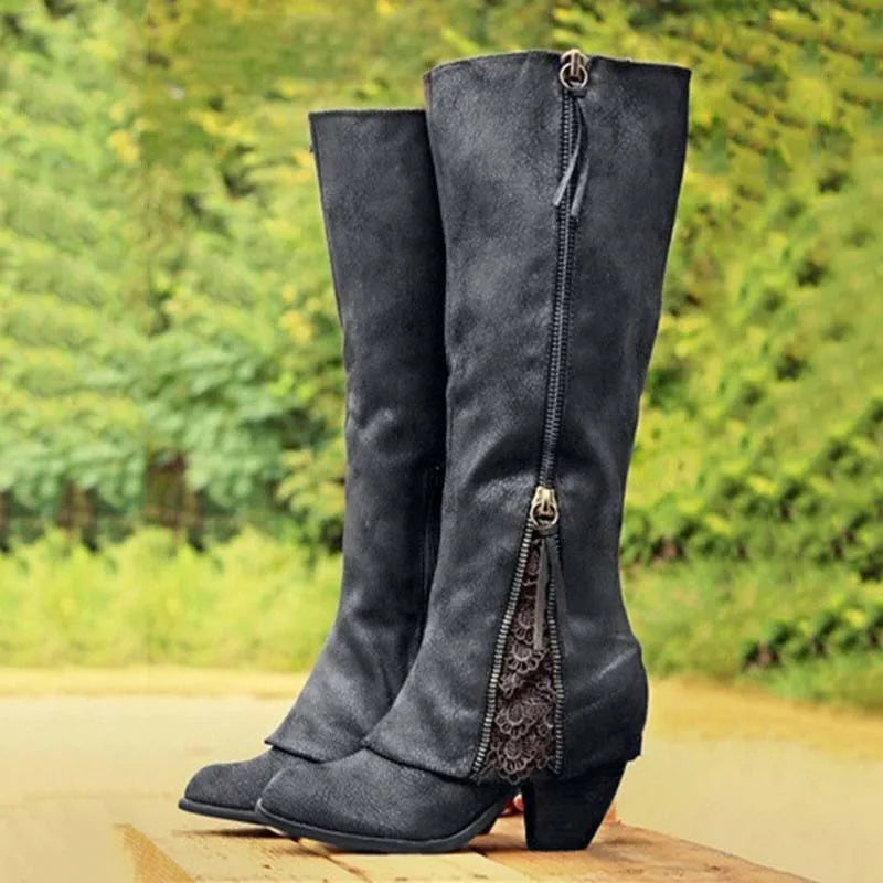 Lace Detail Knee-High Block Heel Boots