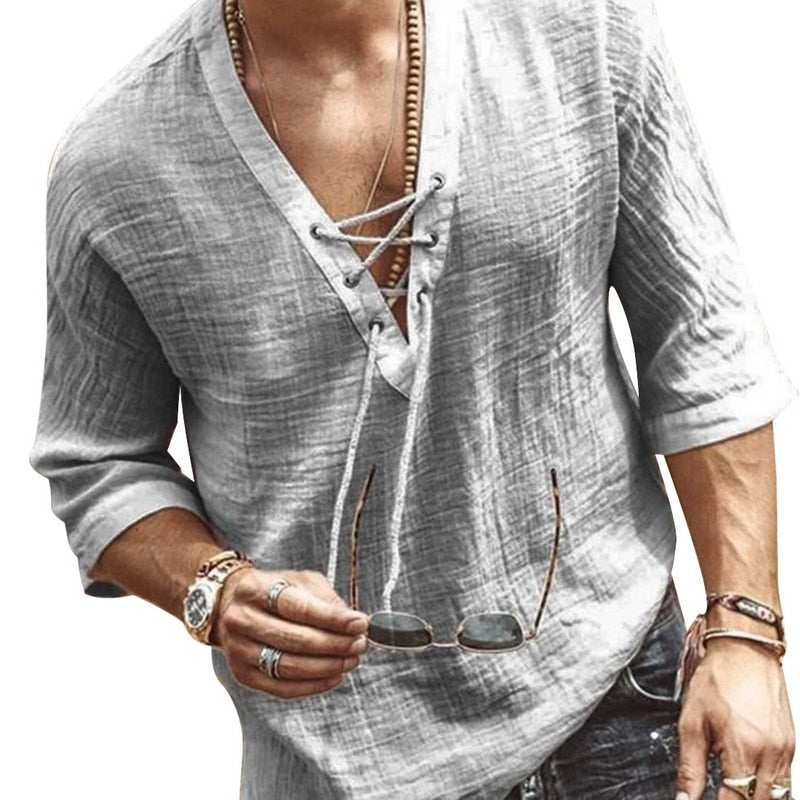 Men Open Collar Drawstring Summer Shirt