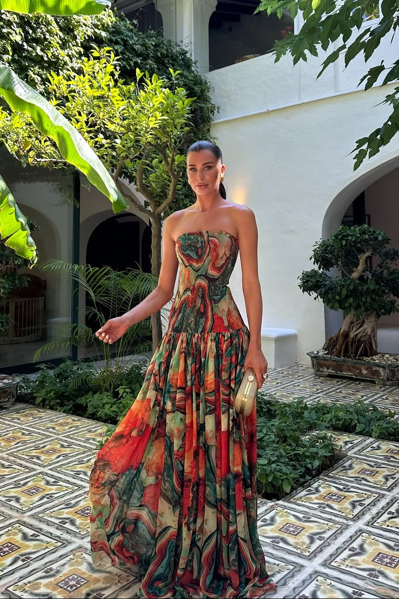 Strapless Wrap Neckline Pleated Maxi Dress