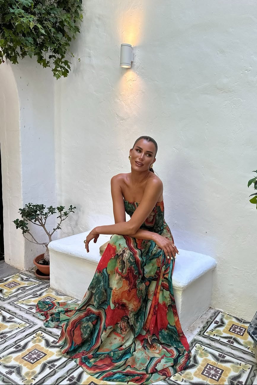 Strapless Wrap Neckline Pleated Maxi Dress