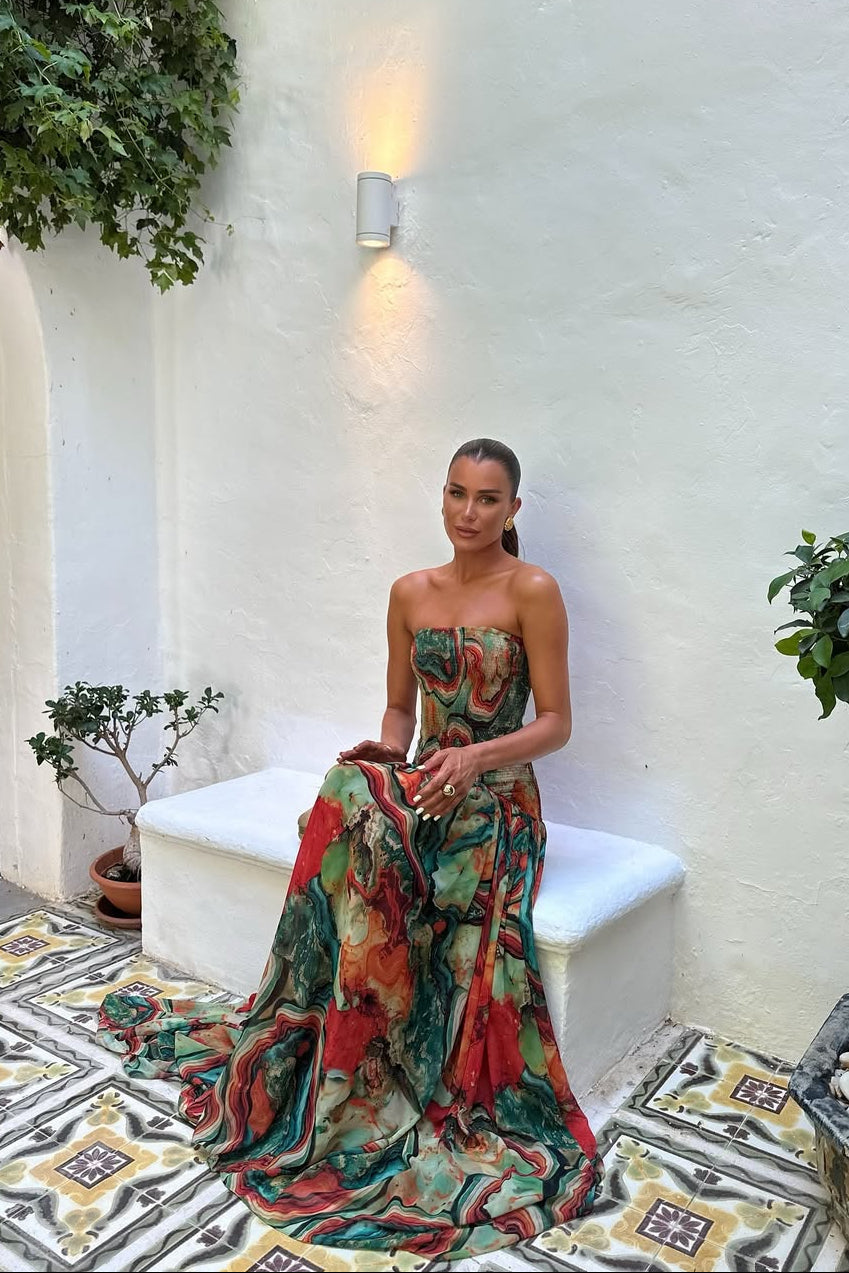 Strapless Wrap Neckline Pleated Maxi Dress