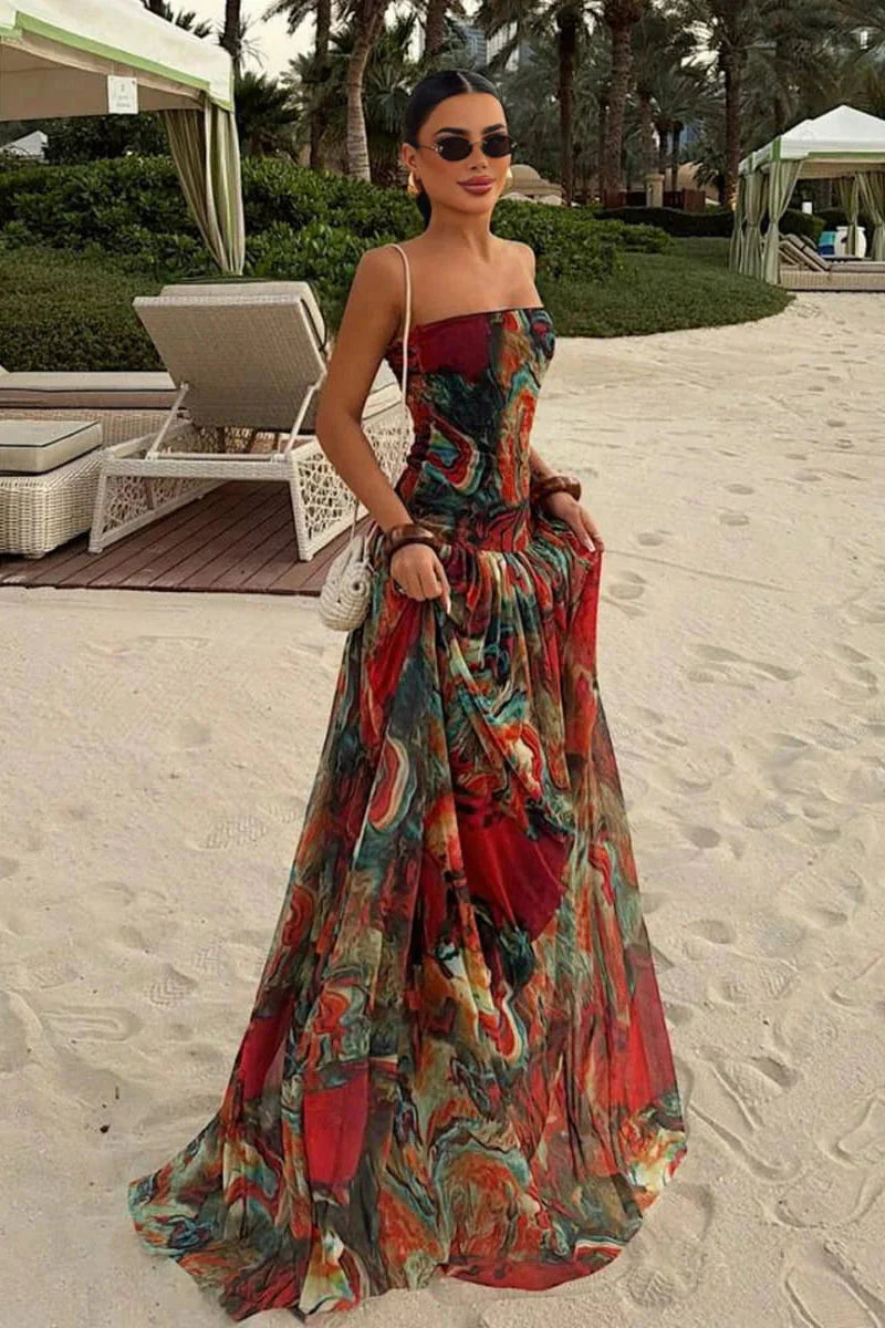 Strapless Wrap Neckline Pleated Maxi Dress