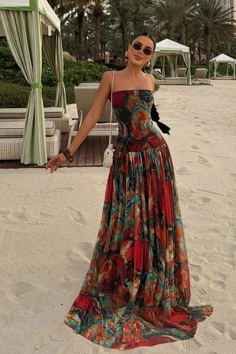 Strapless Wrap Neckline Pleated Maxi Dress
