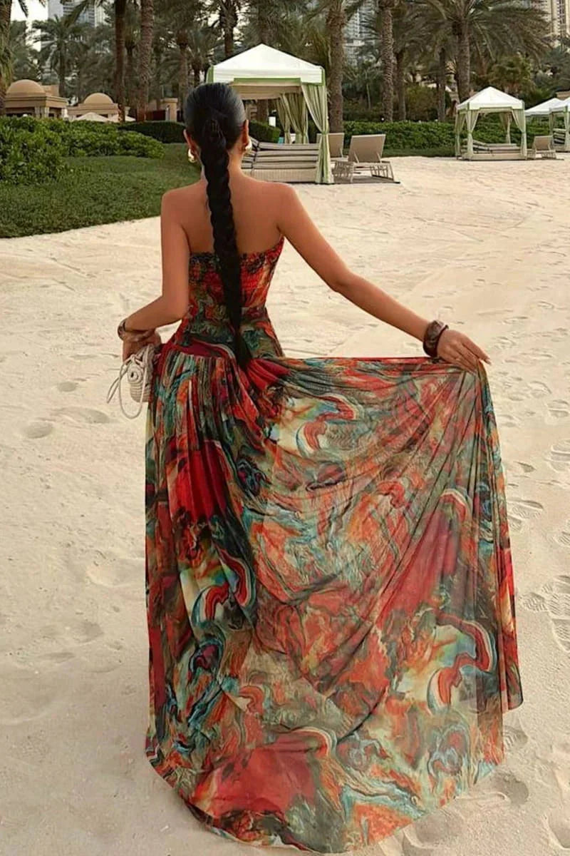 Strapless Wrap Neckline Pleated Maxi Dress