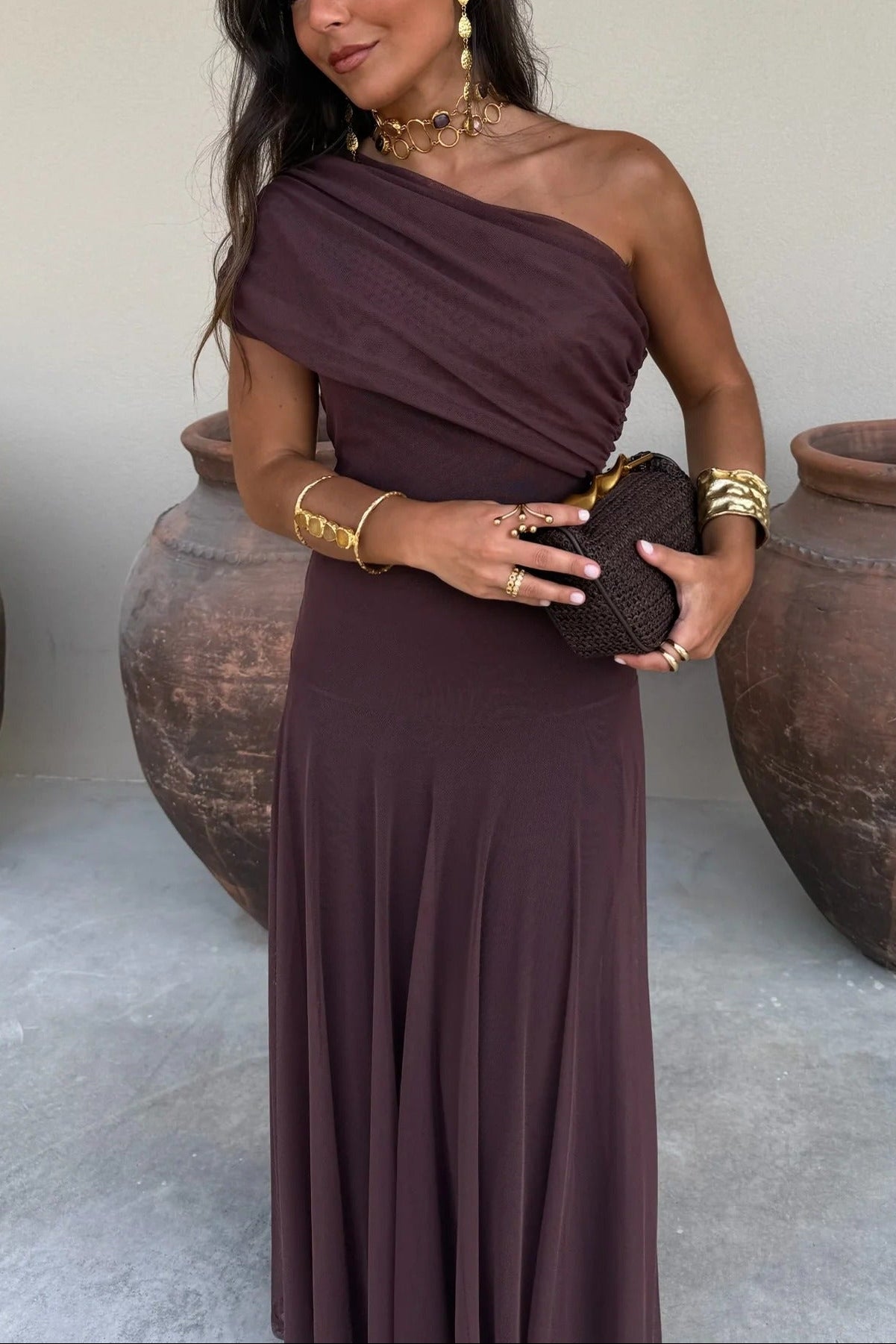 One-Shoulder Mesh Maxi Dress With Full Lining