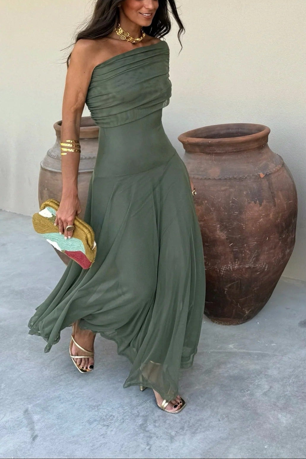 One-Shoulder Mesh Maxi Dress With Full Lining