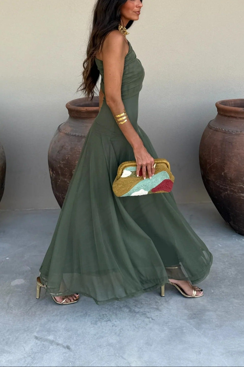 One-Shoulder Mesh Maxi Dress With Full Lining