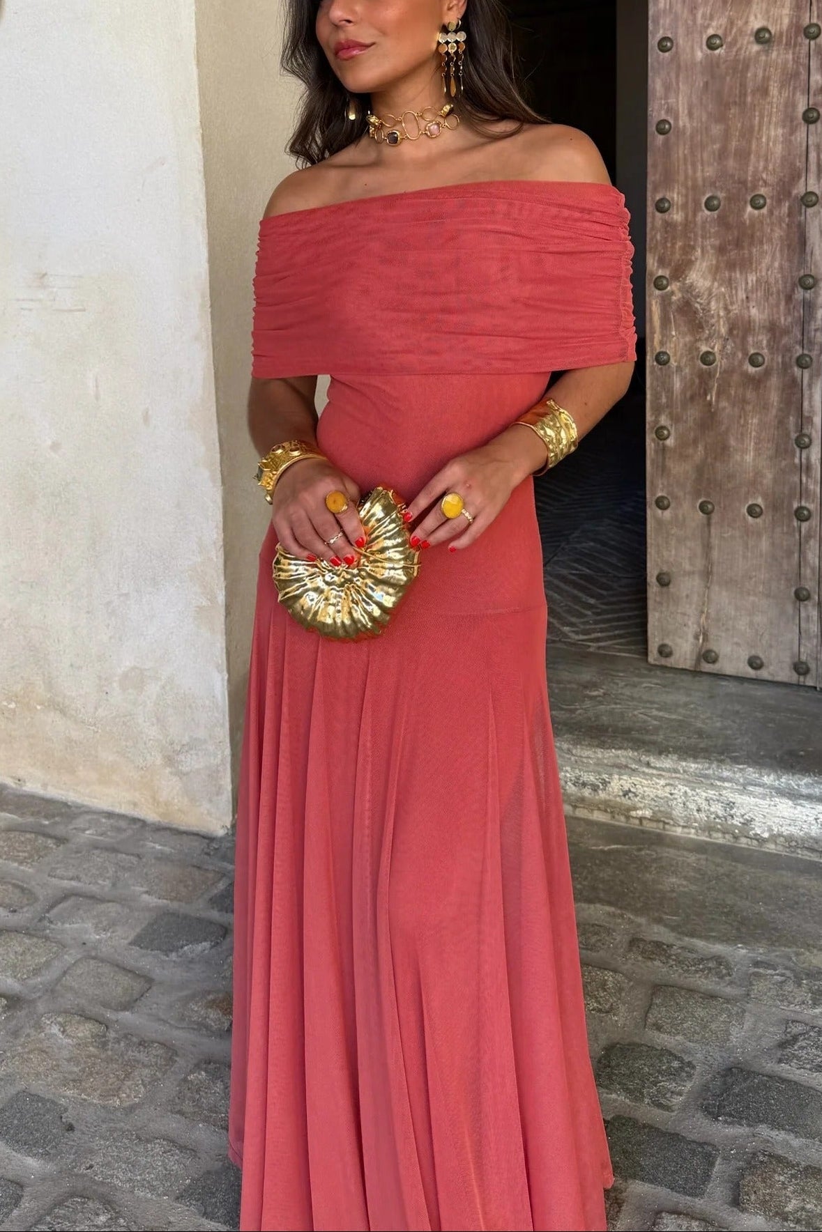 One-Shoulder Mesh Maxi Dress With Full Lining