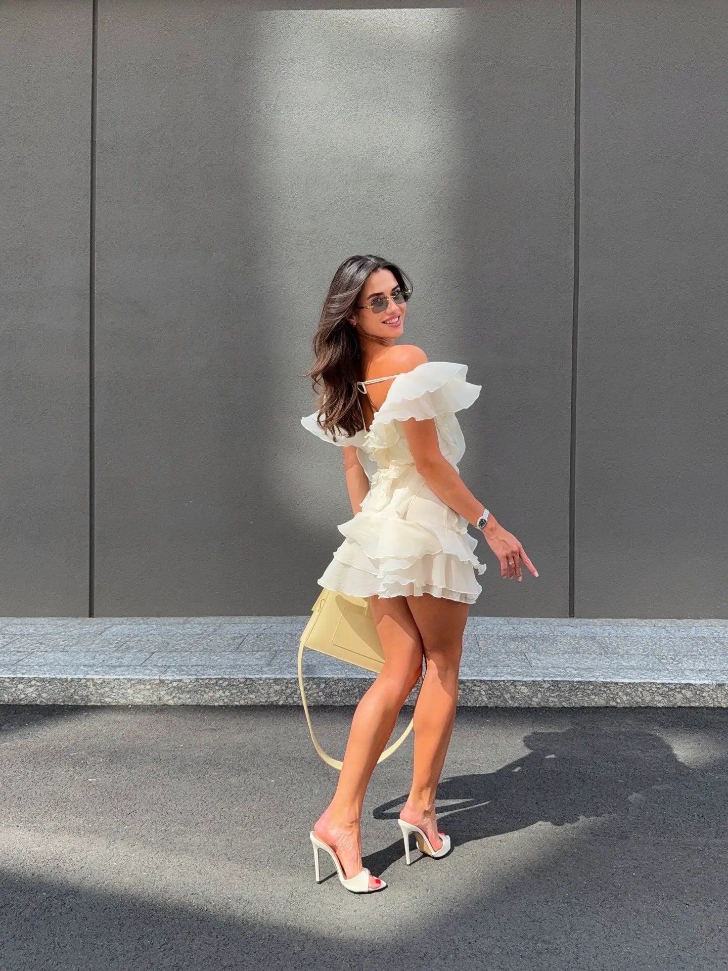 Off-Shoulder V-Neck Ruffled Mini Dress