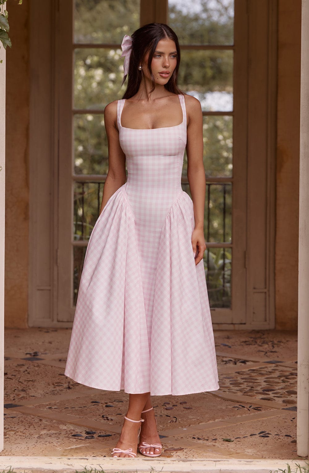 Square Neck Gingham Midi Dress with Lace-Up Back