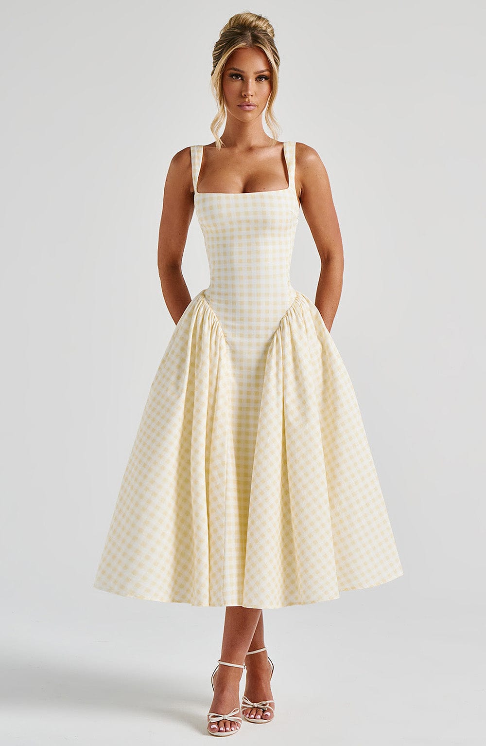 Square Neck Gingham Midi Dress with Lace-Up Back