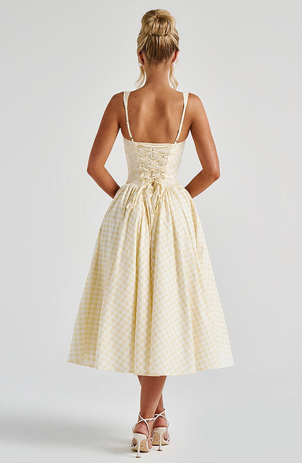Square Neck Gingham Midi Dress with Lace-Up Back