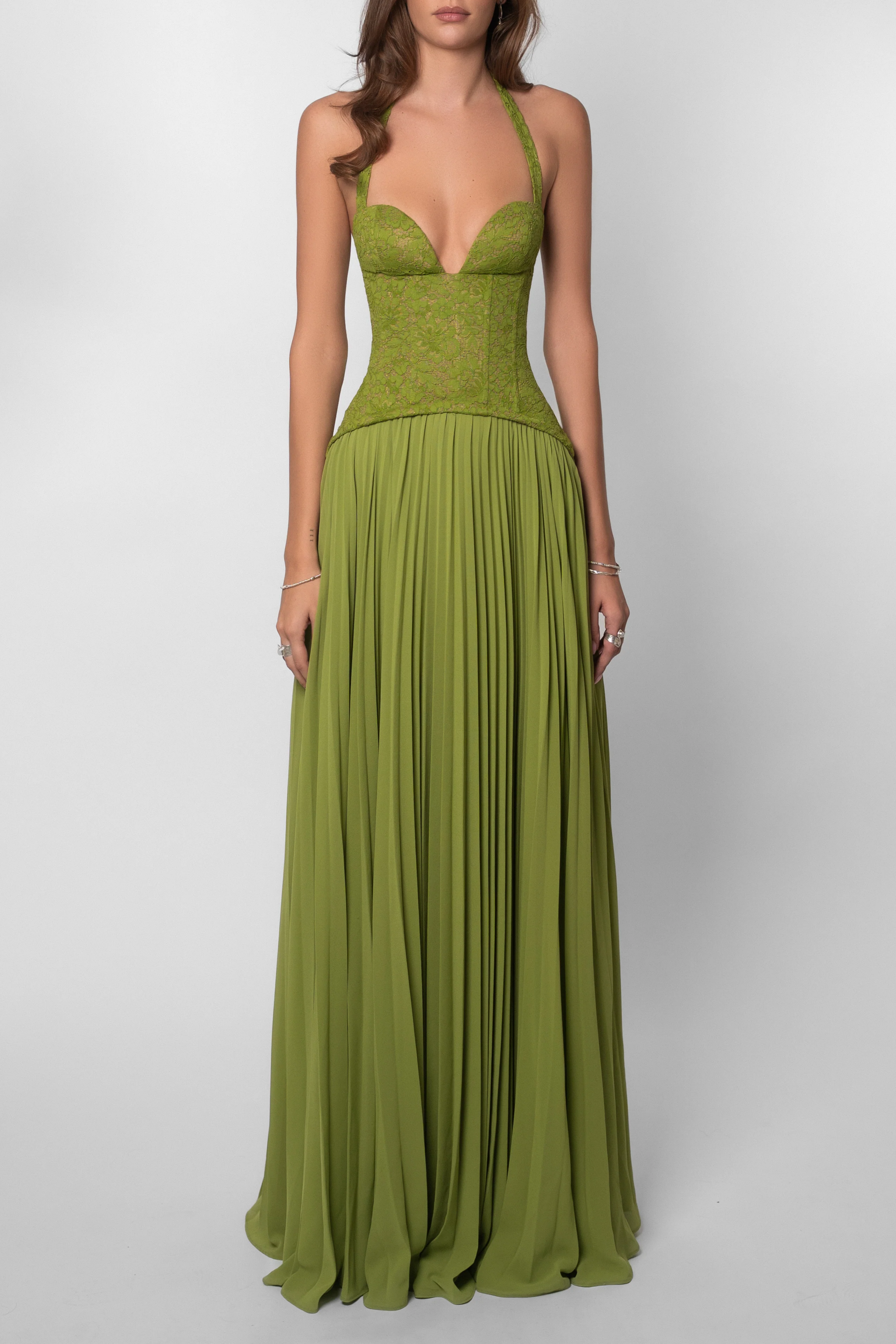 Halterneck Lace Corset Pleated Maxi Dress
