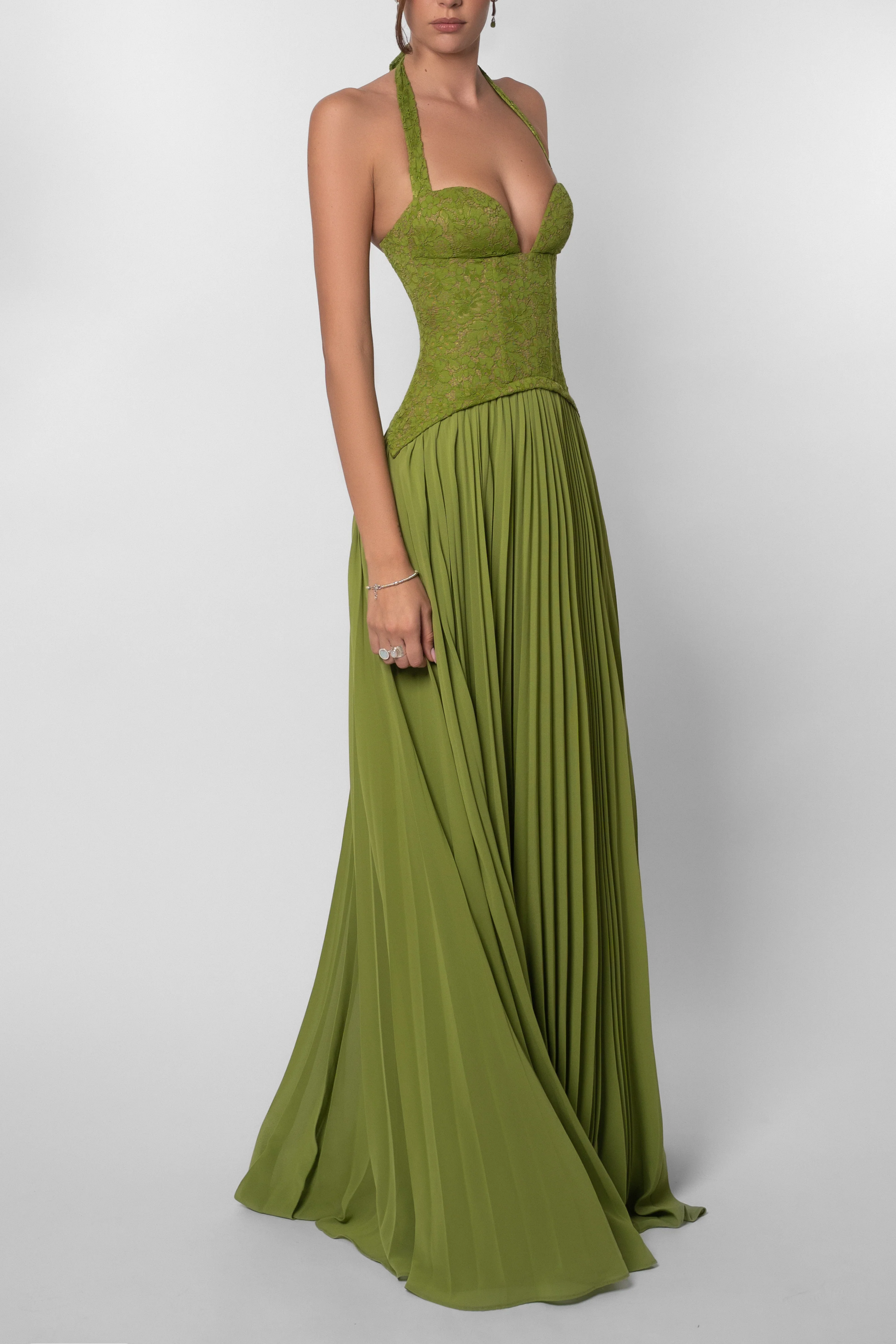 Halterneck Lace Corset Pleated Maxi Dress