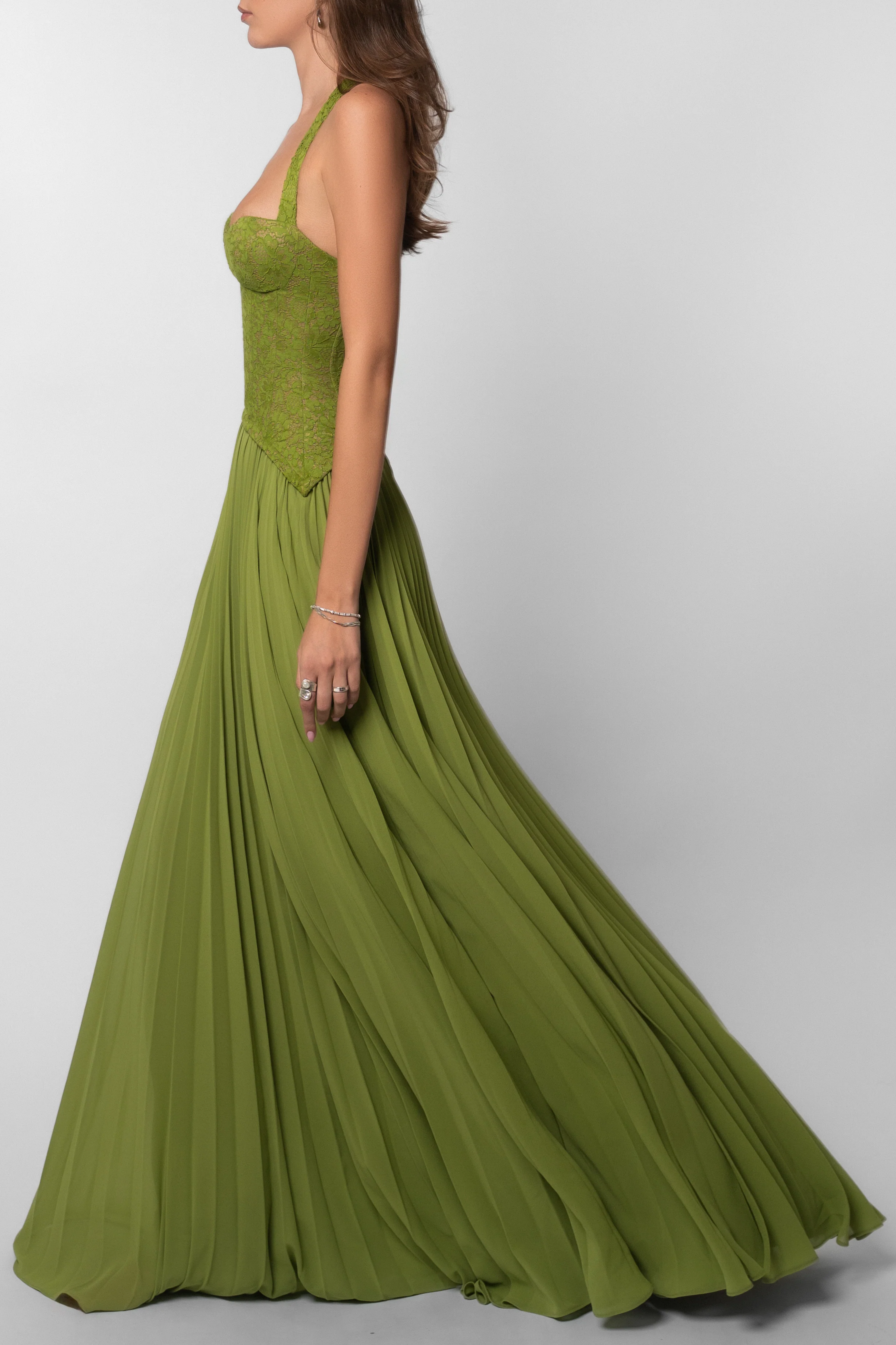Halterneck Lace Corset Pleated Maxi Dress