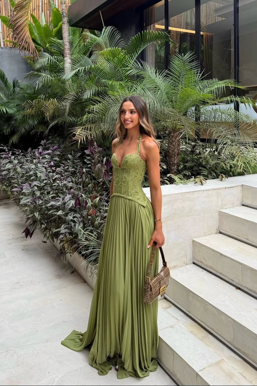 Halterneck Lace Corset Pleated Maxi Dress