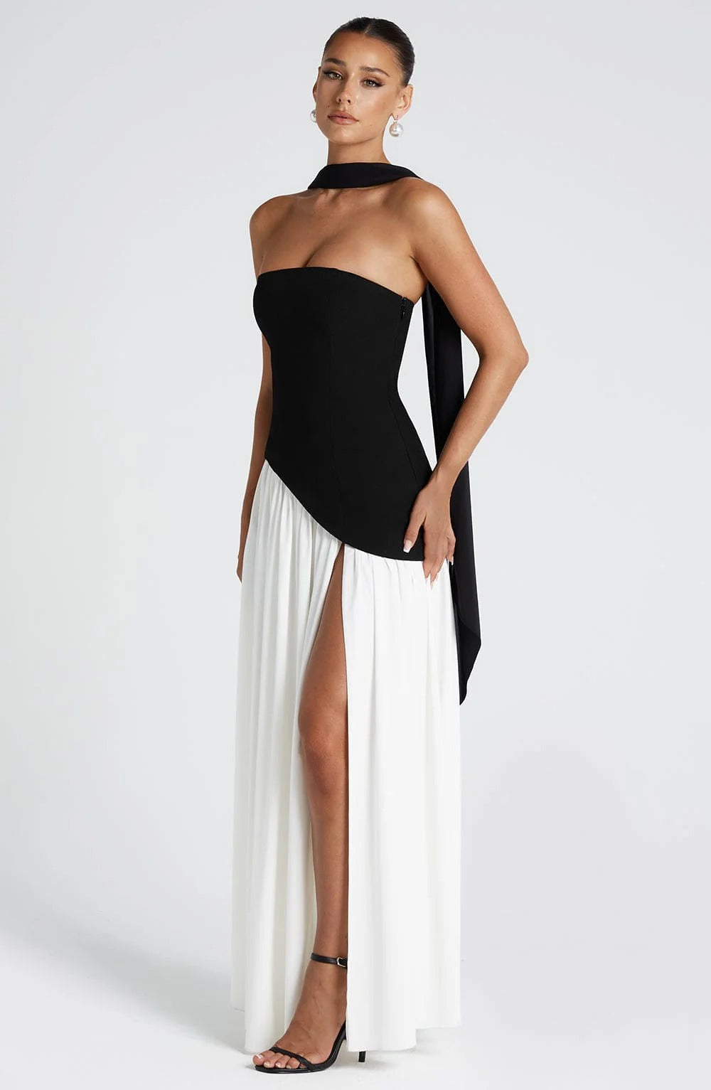 Strapless Maxi Dress With High Slit and Scarf